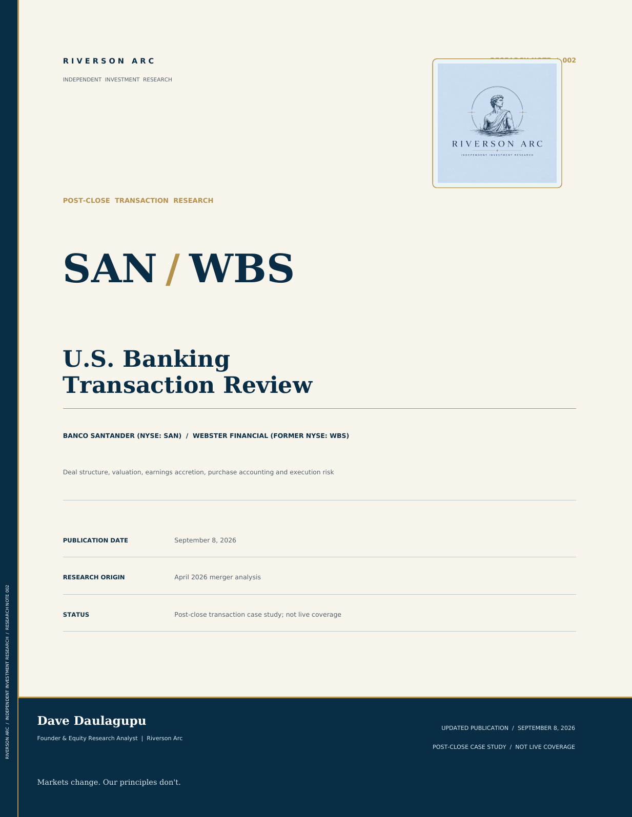 Cover of the Santander and Webster post-close transaction review